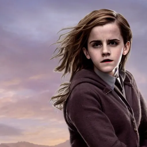 Image similar to Photo of Emma Watson as Hermione Granger on top of a tank in Hogwarts