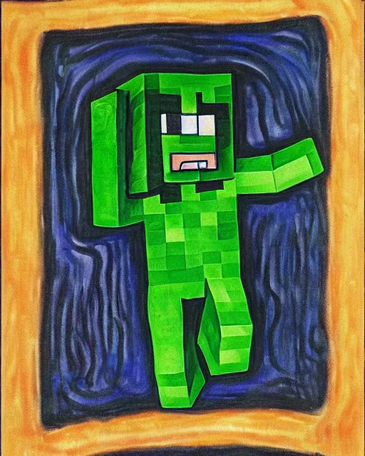 Image similar to minecraft creeper as the subject in the scream by edvard munch