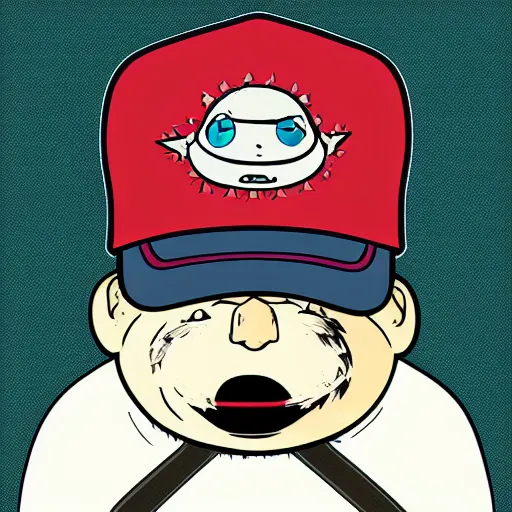 Prompt: A comic illistrative profile picture of a fat round spikey blowfish wearing a trucker hat and a wry smirk by Asaf Hanuka trending on artstation