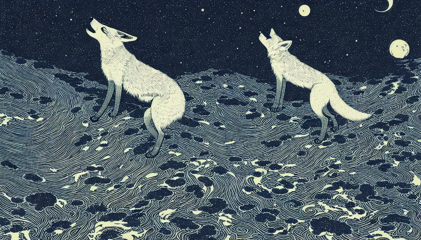 Prompt: fox gazing at the night sky by woodblock print, nicolas delort, moebius, victo ngai, josan gonzalez, kilian eng