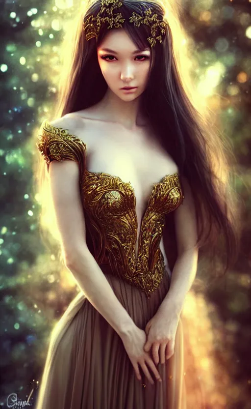 Image similar to a fantasy photo of gorgeous russian female, evening gown, bokeh, medium shot, beautiful face, professionally retouched, soft lighting, realistic, smooth face, perfect eyes, sharp focus, 8 k realistic high definition, insanely detailed, intricate, elegant, art by artgerm and kyoung hwan kim
