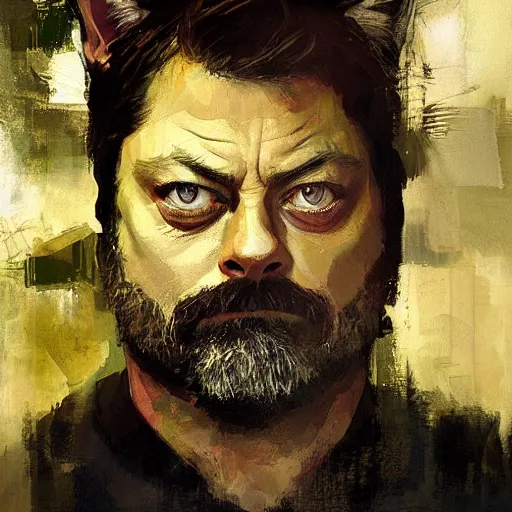 Image similar to nick offerman and a cat morphed together, hybrid, jeremy mann painting