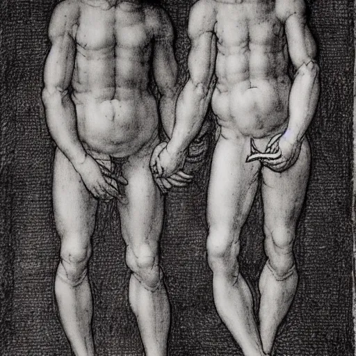 Prompt: two renaissance men holding hands sketch by Leonardo Da Vinci with white highlights