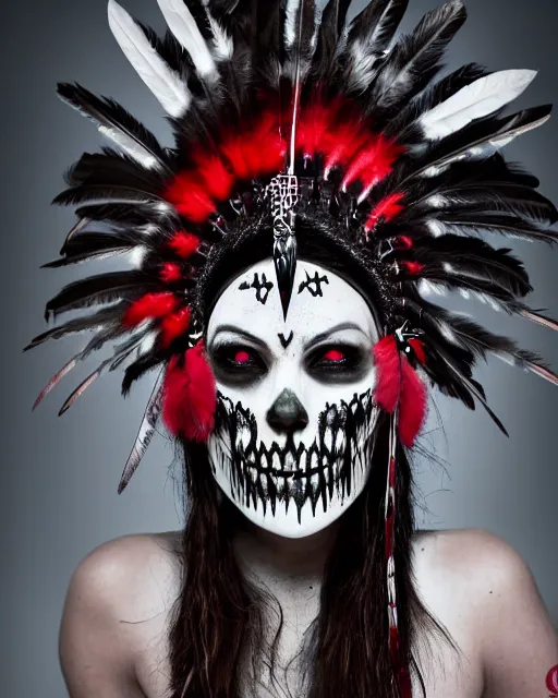 Image similar to the ghost - spirit of the grim - warpaint wears the scarlet skull armor and native blood headdress feathers, midnight fog - mist!, cinematic lighting, various refining methods, micro macro autofocus, ultra definition, award winning photo