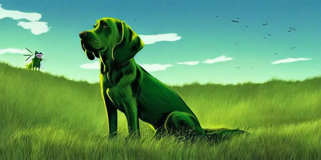 Prompt: hyperrealist, graphic novel illustration of a massive green labrador retriever with two long antennae and shaggy green fur with green dye sitting on a grassy hill, pulp 7 0's sci - fi vibes, 9 0's hannah barbara fantasy animation, cinematic, movie still, studio ghibli masterpiece