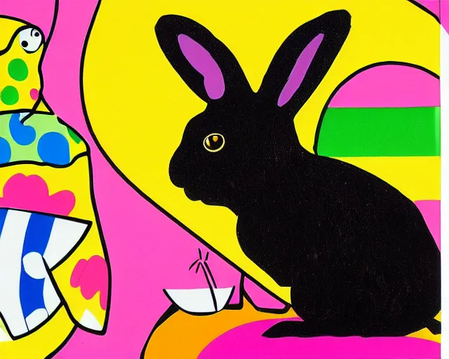 Image similar to a very cute netherland dwarf black bunny, art by romero britto