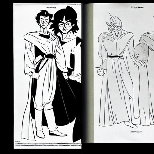 Image similar to pose reference sheet for a handsome young wizard with long, black hair, art by osamu tezuka, manga art