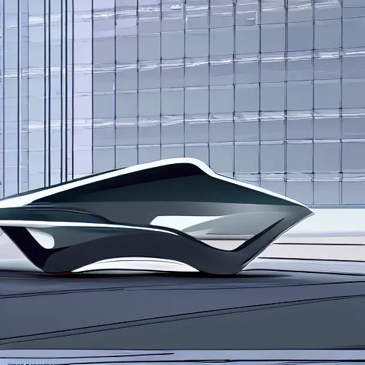 Image similar to sleek autonomous vehicle, designed by Zaha Hadid, parked by an oasis, line art illustration, muted colours