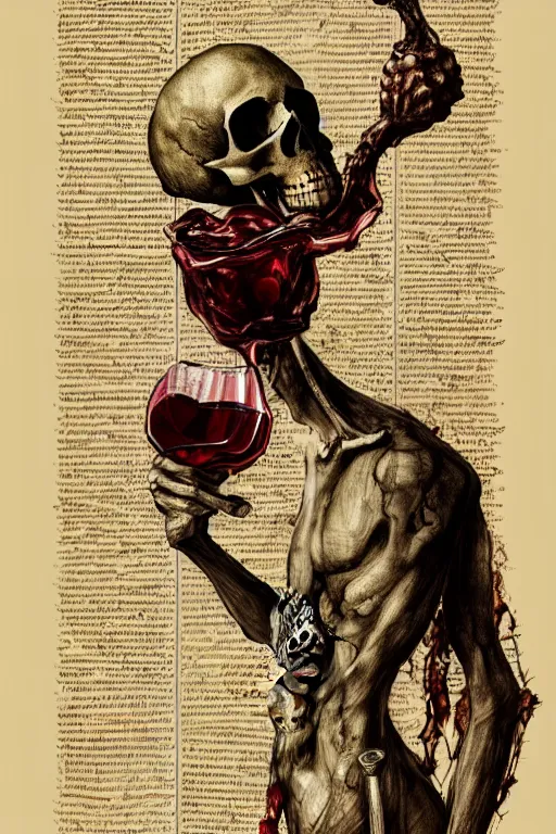Image similar to Old alchemic manuscript detailing death with skull face holding broken wine bottle,intricate, elegant, highly detailed, digital painting, artstation, concept art, smooth, sharp focus, illustration, art by Ilja Repin