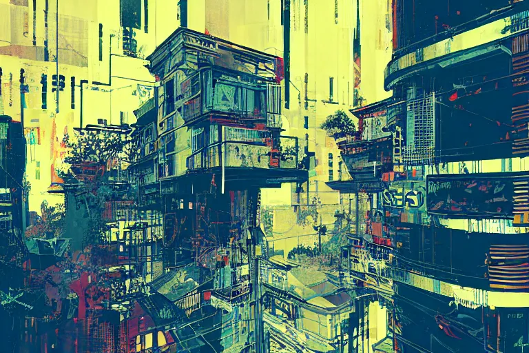 Image similar to architecture collage by atelier olschinsky, cyberpunk, (high contrast), ((oversaturated)), grafitti paint