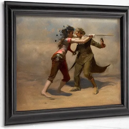 Image similar to man and woman fighting a monster by alfred stevens