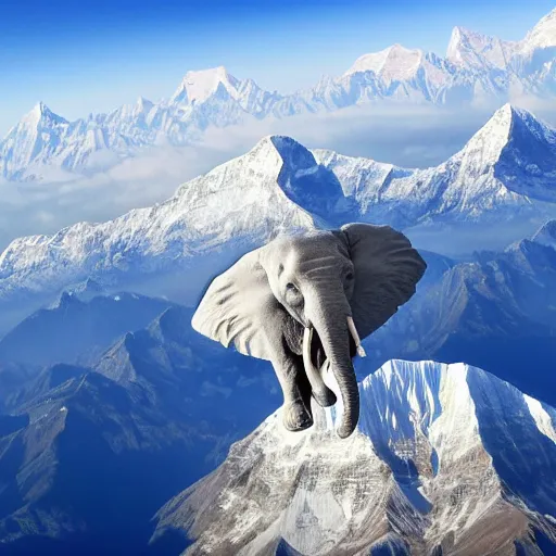 Prompt: a flying elephant using its ears as wings flying over mount everest, 4 k hd photography a flying elephant using its ears as wings flying over mount everest, 4 k hd photography