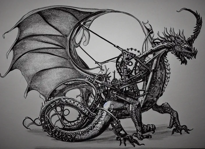 Image similar to pen and ink drawing, real dragon with steam punk apparatus strapped to it, white background, Olivia Kemp, julia Hill