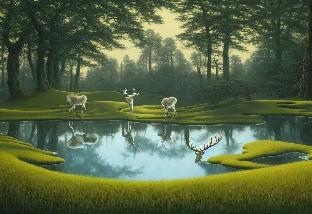 Prompt: hyper detailed 3d render like a Oil painting - white stag drinking from reflecting pool in a peaceful lush meadow, by Jacek Yerka, Mariusz Lewandowski, Houdini algorithmic generative render, Abstract brush strokes, Masterpiece, Edward Hopper and James Gilleard, Zdzislaw Beksinski, Mark Ryden, Wolfgang Lettl, hints of Yayoi Kasuma, octane render, 8k