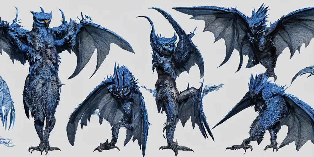 Image similar to Draconian dark reflective blue owl creature, character design sheet, Monster Hunter Illustrations art book, sharp and scaly feathers, huge wings, thick and strong legs, huge and sharp claws, red beak, Moebius, Greg Rutkowski, Zabrocki, Karlkka, Jayison Devadas, Phuoc Quan, trending on Artstation, 8K, ultra wide angle, zenith view, pincushion lens effect.