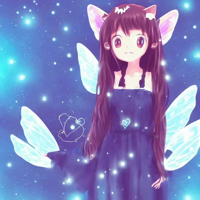 Image similar to cute, full body, female, anime style, a cat girl with fairy wings, large eyes, beautiful lighting, sharp focus, simple background, creative, heart effects, filters applied, illustration