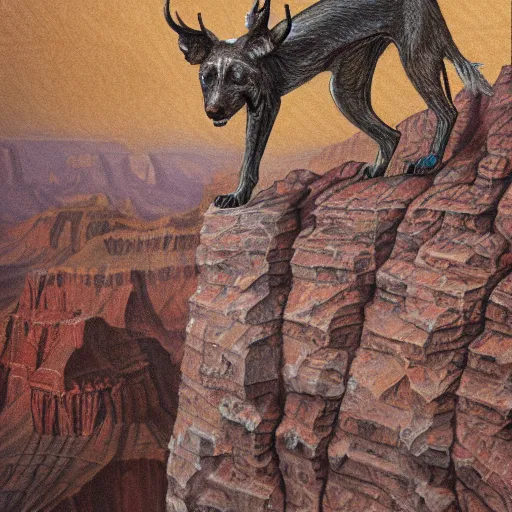 Image similar to doglike creature standing in the grand canyon, extreme detail, abstract realism, highly ornate intricate details, 1 9 2 0's colored pencil, 4 k, cinematic lighting,