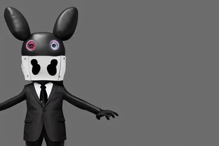 Image similar to a friendly monster in a deadmau 5 mask, wearing a suit. nvidia render, tim burton style, black background