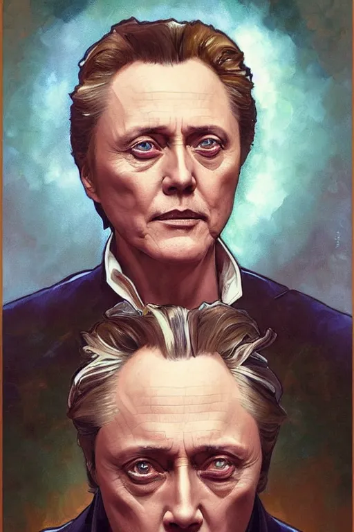 Image similar to portrait of christopher walken with a pierced eyebrow and goatee, high quality painting by artgerm and greg rutkowski and alphonse mucha