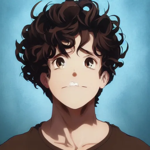 Prompt: An anime portrait of a mid-sized anime man with extremely short curly brown hair, a large closed-lip smile, chubby face, brown eyes, without glasses, wearing a t-shirt, his whole head fits in the frame, solid background, by Stanley Artgerm Lau, WLOP, Rossdraws, James Jean, Andrei Riabovitchev, Marc Simonetti, and Sakimi chan, trending on artstation