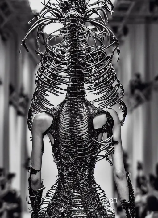 Image similar to walking down the catwalk, ben watts, show, stage, vogue photo, podium, fashion show photo, historical baroque dress dark, iris van herpen, beautiful woman, masterpiece, intricate, biopunk, vogue, full body shot, alien, plant predator, guyver, jellyfish, white biomechanical details, highly detailed