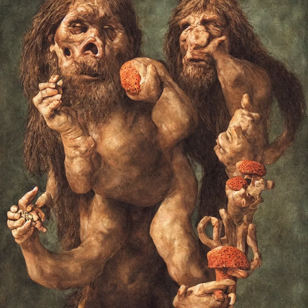 Prompt: a neanderthal holding a mushroom on one hand, looking very confused, questioning reality