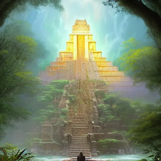 Prompt: a beautiful picture of mayan waterfall temple, secret, indiana jones, mystical, palace, monk meditate, golden ratio, perfect symmetrical, greg rutkowski, thomas kinkade, artstation