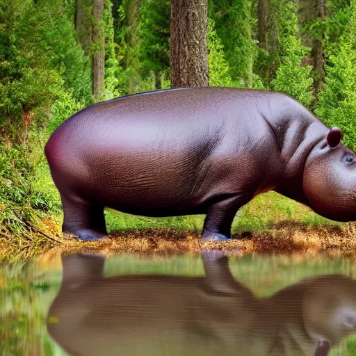 Prompt: a happy hippopotamus in a forest of cedar trees, realistic, photograph, high quality