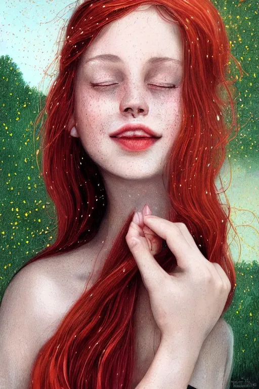 Image similar to infp young woman, smiling, amazed by golden fireflies lights, sitting in the midst of nature fully covered, long loose red hair, intricate linework, green eyes, small nose with freckles, oval shape face, realistic, expressive emotions, dramatic lights, spiritual scene, hyper realistic ultrafine art by cecco del caravaggio and albert bierstadt and artgerm