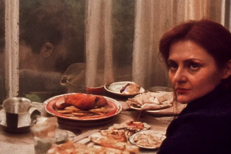 Image similar to soviet movie still a soviet woman sitting at a table next to the window with food, dark warm light, a character portrait by margarita terekhova, movie stalker solaris film still by andrei tarkovsky, 8 k, 1 9 8 4, close - up bokeh, gelios lens, color, noir