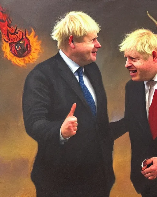 Image similar to an oil painting of uk politician former prime minister boris johnson having a meeting with the devil satan in the fiery pits of hell, demonic imagery, pagan, satanic symbolism, smiling and shaking hands, 4 k detail