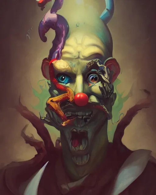 Image similar to portrait of a demonic clown by peter mohrbacher. photographic, photography. trending on artstation