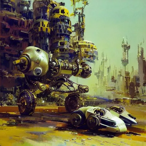 Image similar to a futuristic land walking vehicle with six robot legs and a huge cannon, painting by john berkey