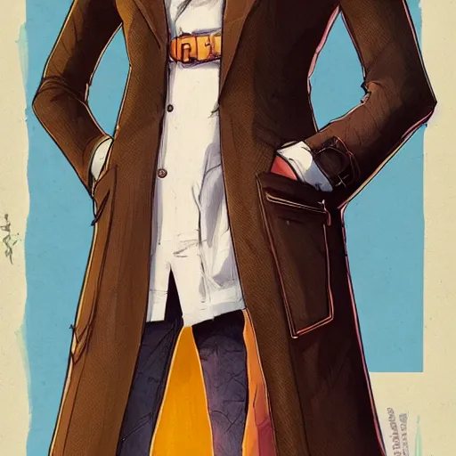 Prompt: vivid colors, character sheet, fine details, front view, greg rutkowski, kim jung gi, human, suit vest, longcoat, androgynous, female, face, glasses, briefcase, brown clothes, pretty face, dc constantine