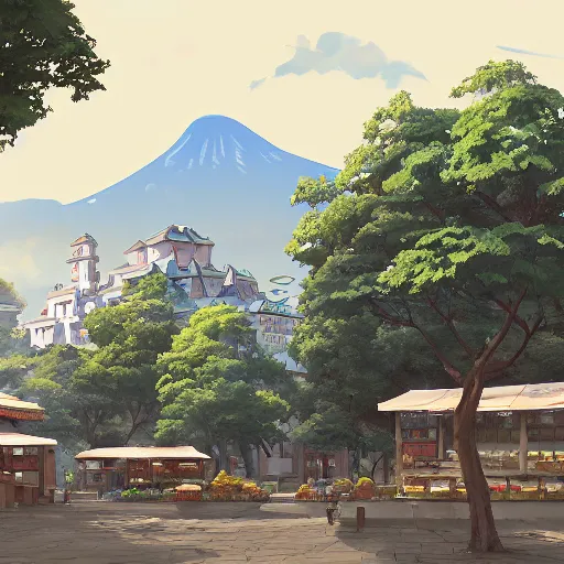 Image similar to concept art painting of a historic bakery with european and japanese architecture, surrounded by trees and mountains, realistic, detailed, cel shaded, in the style of makoto shinkai and greg rutkowski and james gurney