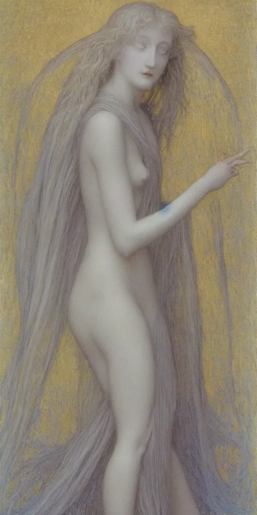 Prompt: Say who is this with silver hair so pale and Wan and thin? Feminine angel in the style of Jean Delville, Lucien Lévy-Dhurmer, Fernand Keller, Fernand Khnopff, oil on canvas, 1896, 4K resolution, aesthetic, mystery