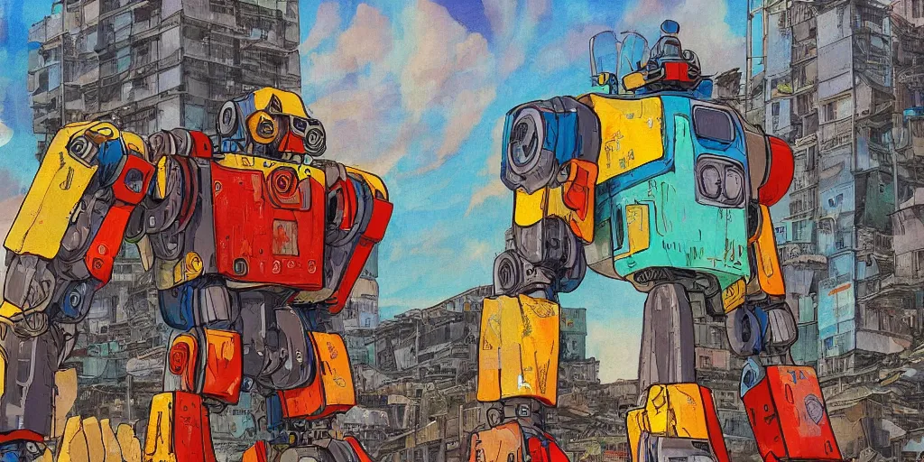 Image similar to colourful - damaged - giant mecha ROBOT of AJEGUNLE SLUMS of Lagos, markings on robot, Golden Hour, in the style of studio Ghibli,