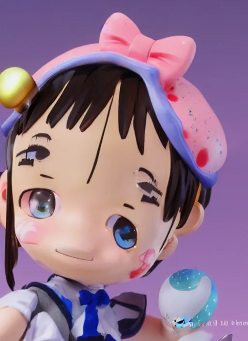 Prompt: a lowbrow airbrush painting of a looney kawaii vtuber figurine caricature with rosy cheeks with freckles, and pretty sparkling anime eyes featured on Wallace and Gromit by Makoto Shinkai