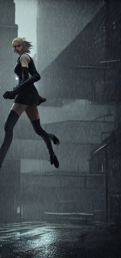 Prompt: beautiful annie leonhart running on high heels in dunwall city, redshift render, beautiful face, detailed face, cinematic lighting, rainy weather, melancholy atmosphere, volumetric light, octane render, dishonored 1, gothic architecture, realistic reflections, octane render 8 k