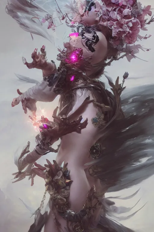 Prompt: beautiful girl necromancer, witch - doctor exploding into flowers, angels, 3 d render, hyper - realistic detailed portrait, holding electricity and birds, ruan jia, wlop. scifi, fantasy, hyper detailed, octane render, concept art, peter mohrbacher