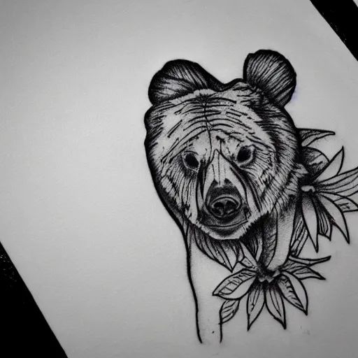 Image similar to tattoo sample stencil. pencil line drawing, black and white, bear