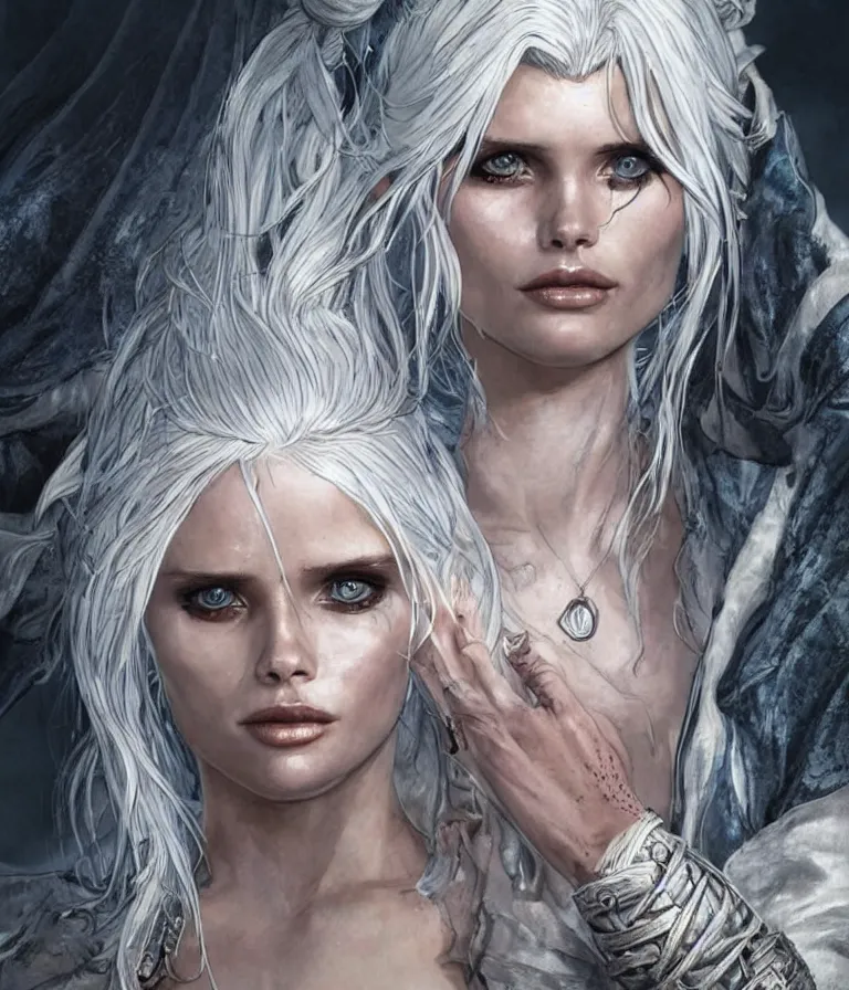 Prompt: Abbey Lee as Ciri from The Witcher, intricate, elegant, highly detailed, smooth, sharp focus, detailed face, high contrast, dramatic lighting, graphic novel, art by Ardian Syaf and Pepe Larraz,