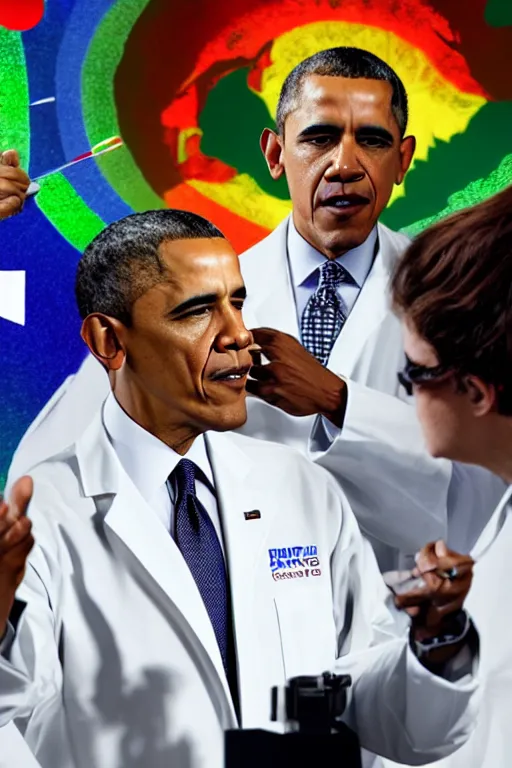 Image similar to president Obama wearing a lab coat injecting a rainbow into a frog