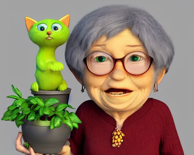 Image similar to detailed cartoon portrait of an old lady and her plant cat, pixar, sharp high quality 3d render