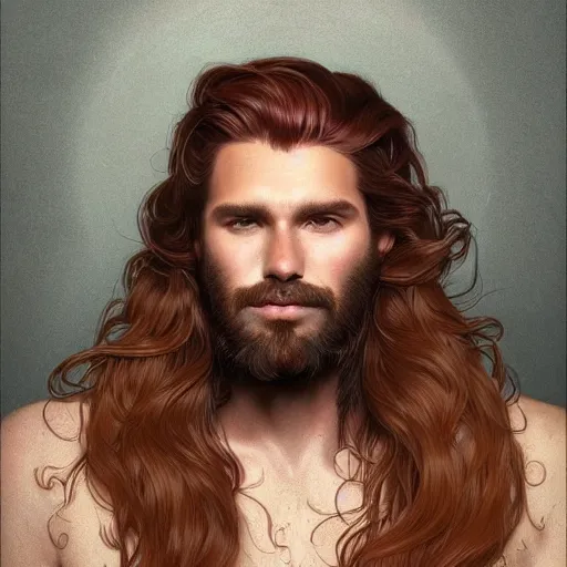 Prompt: portrait of a man - bear, male, handsome, masculine, full body, red hair, long hair, soft hair, fantasy, intricate, elegant, highly detailed, suit, coffee shop, digital painting, artstation, concept art, character art, smooth, sharp focus, illustration, art by artgerm and greg rutkowski and alphonse mucha