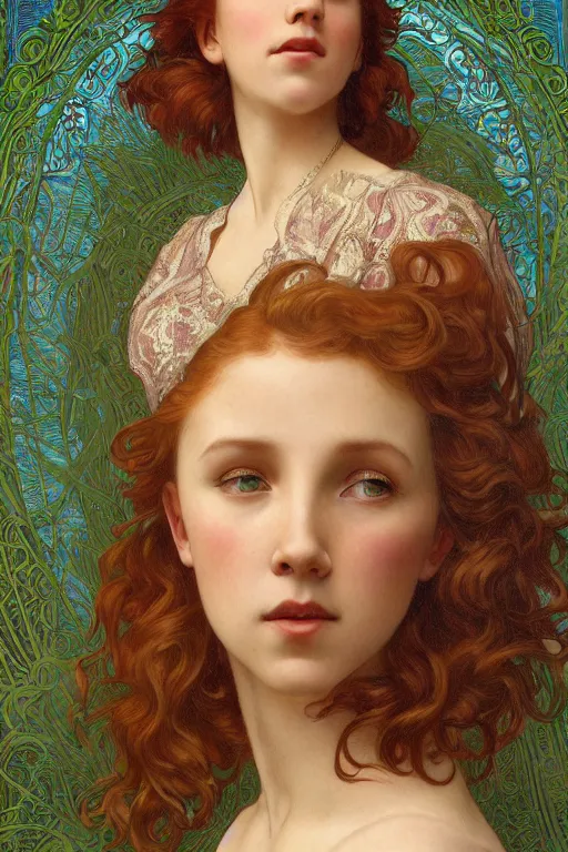 Image similar to intricate art nouveau oil painting of redheaded young millie bobby brown with long hair blowing in the wind, wearing an intricate green lace dress, highly detailed, intricate golden symmetric pattern background, elegant, digital painting, smooth, sharp focus, illustration, ultra realistic, 8 k, by bouguereau, alphonse mucha, artgerm, and donato giancola