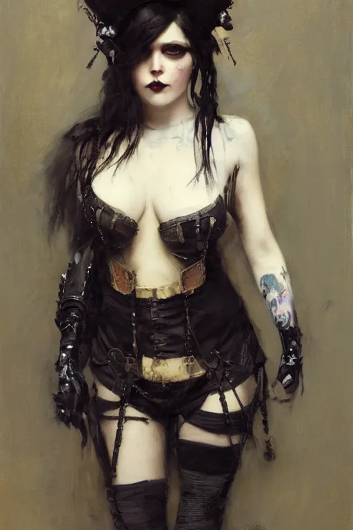 Image similar to Richard Schmid and Jeremy Lipking and Roberto Ferri full length portrait painting of a young beautiful victorian steampunk goth punk rock woman