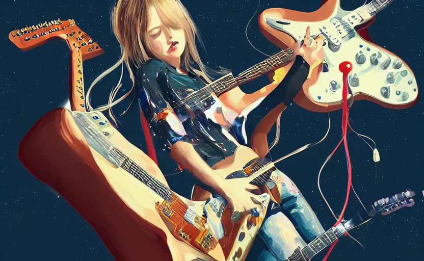 Prompt: rockstar girl playing electric guitar on stage. by amano yoshitaka, digital art, digital painting, illustration, artstation trending