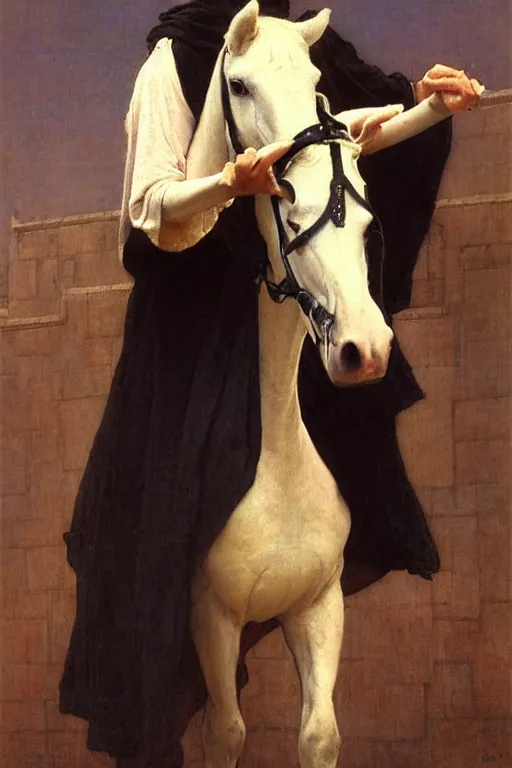 Prompt: full character of a young chinese man in a black robe lead a white horse, painting by gaston bussiere, katsuya terada, nc wyeth, greg rutkowski, craig mullins, vermeer, frank frazetta, mucha, tom of finland, trending on artstation, jeffery catherine jones