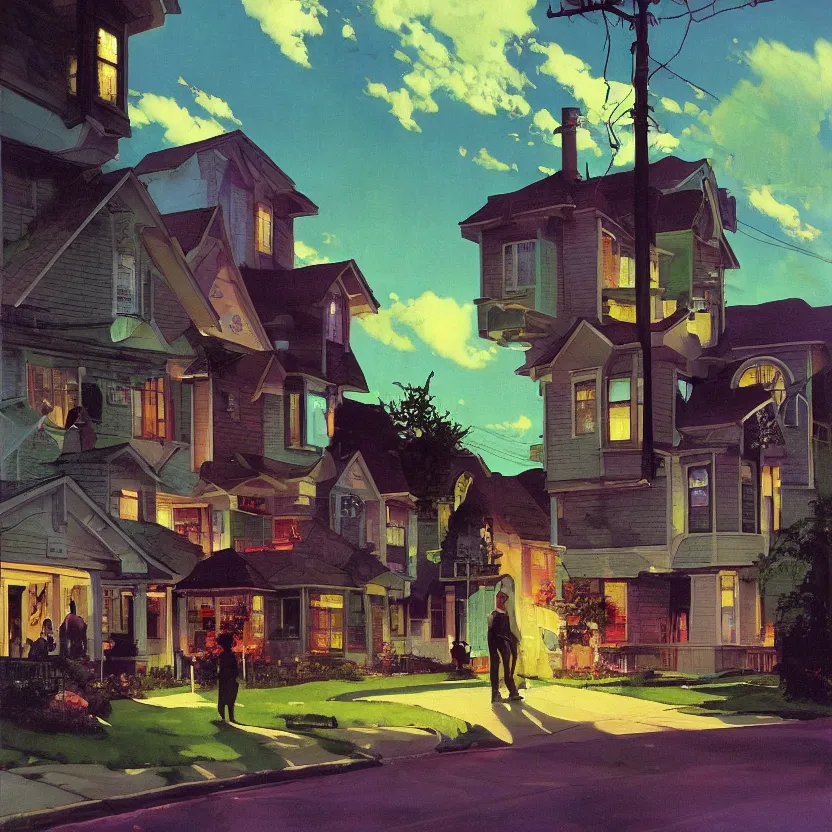 Image similar to a suburban neighborhood with deep green and purple glowing clouds. highly detailed science fiction painting by norman rockwell, frank frazetta, and syd mead. rich colors, high contrast, gloomy atmosphere, dark background. trending on artstation.